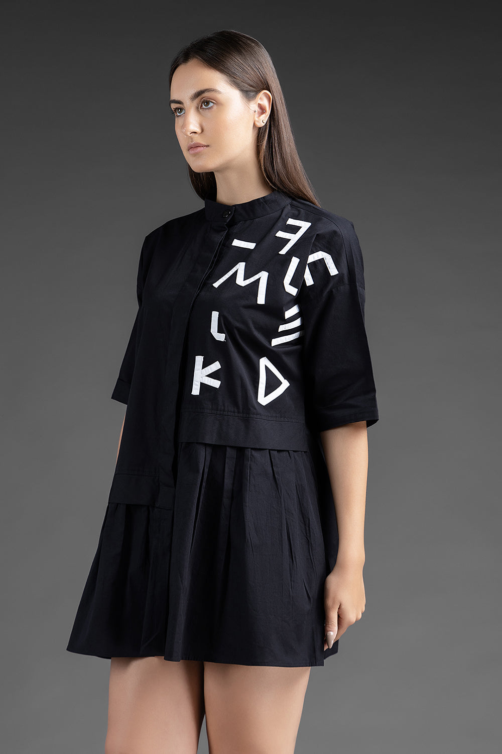 Alphabetic Pleated Shirt Dress - Black - Auraya Fashion -  - #tag1# - #tag2# - #tag3# - #tag3#