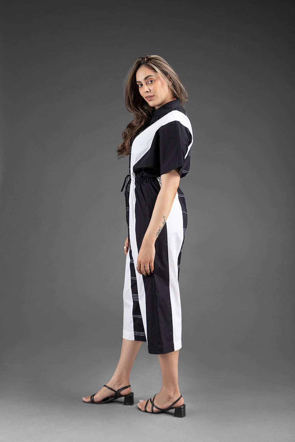 Gathers Jumpsuit - Black & White - Auraya Fashion -  - #tag1# - #tag2# - #tag3# - #tag3#