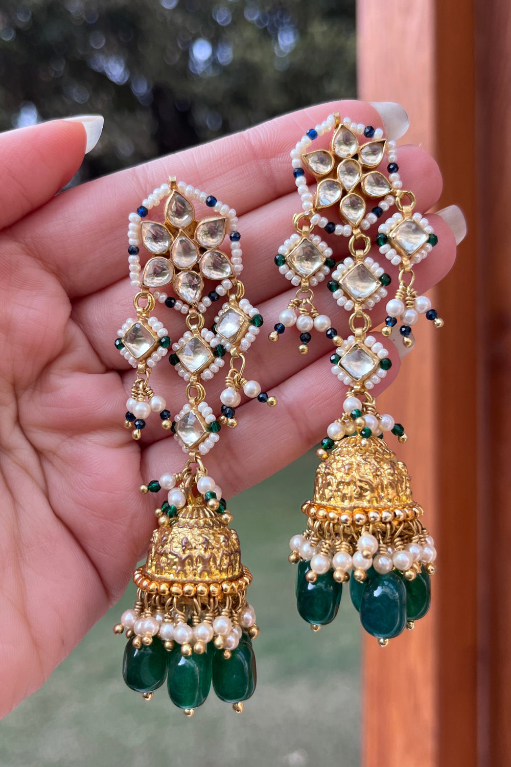 Petal Flower Golden Polki Jhumkis- Green - Auraya Fashion - Heer Jewellery - #tag1# - #tag2# - #tag3# - #tag3#