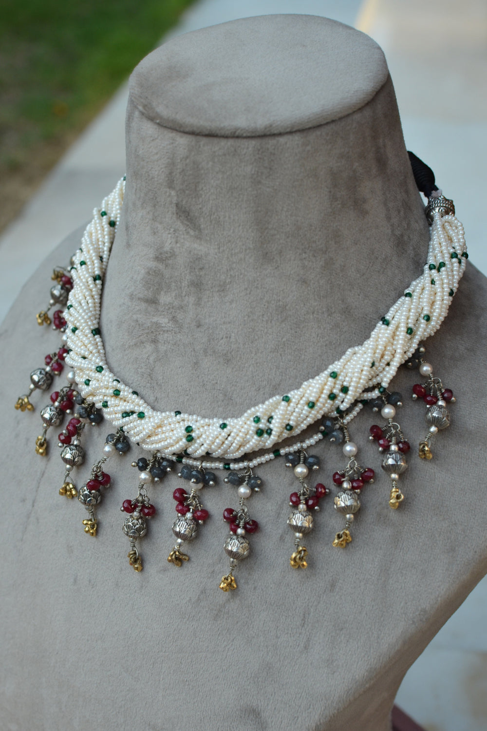 Twisted Cheed Silver Beads Necklace