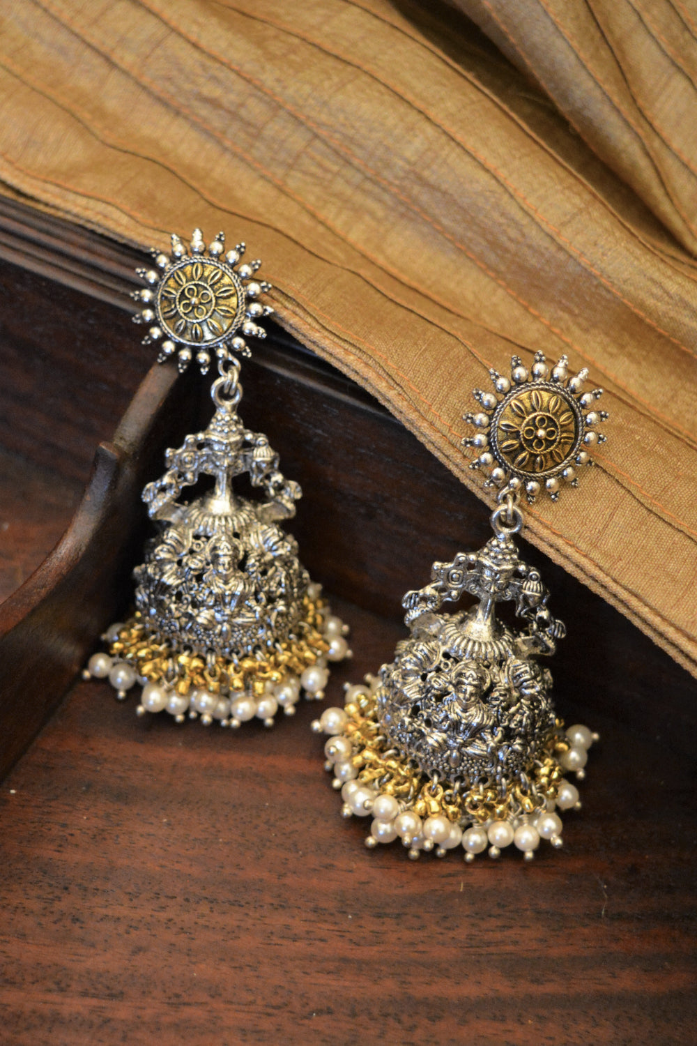 Ornately Carved Ghungaroo Pearl Figure Jhumkas - Auraya Fashion - Heer Jewellery - #tag1# - #tag2# - #tag3# - #tag3#