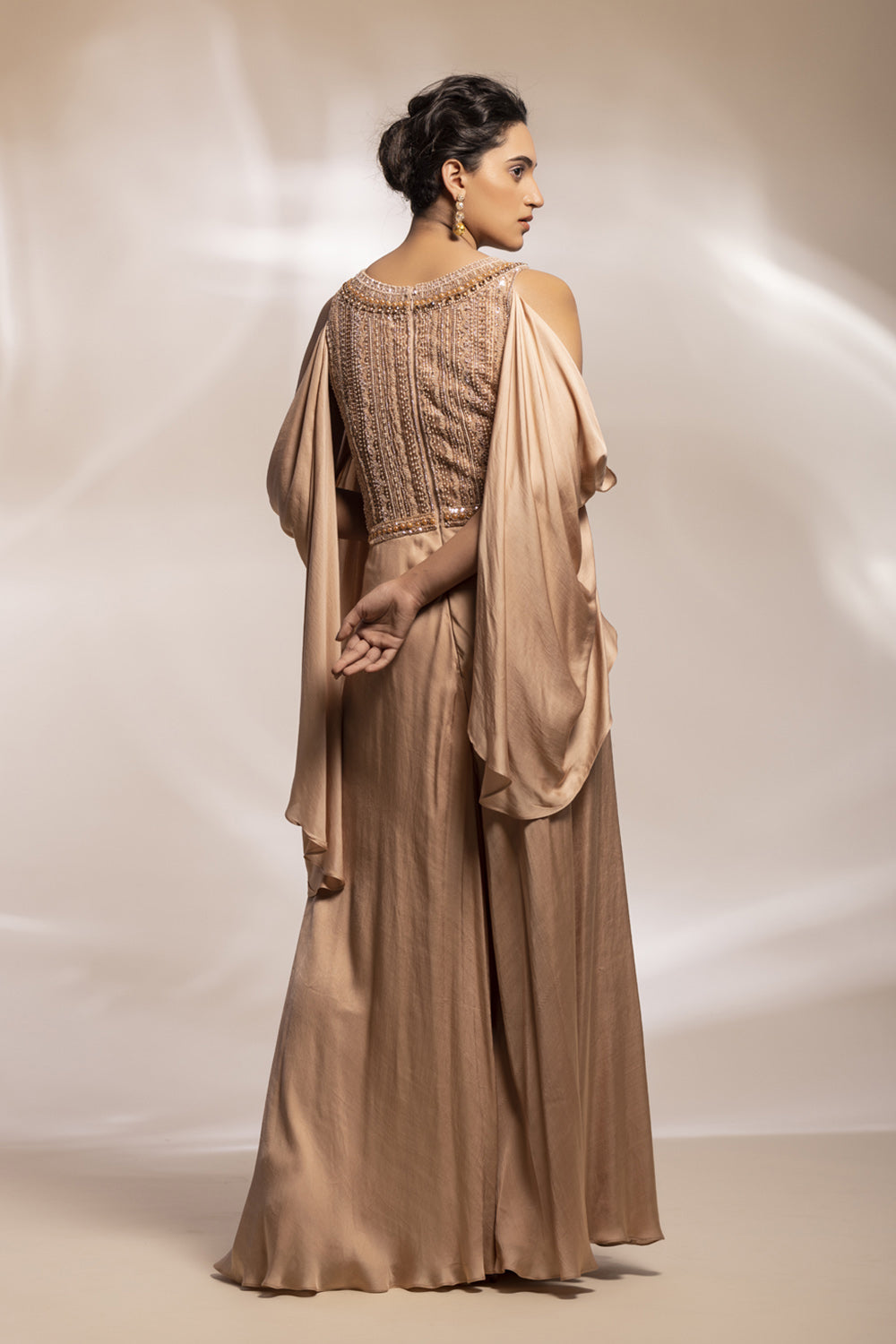 Champaign Gold Jumpsuit With Embroidered Bodice And Draped Sleeves. - Auraya Fashion -  - #tag1# - #tag2# - #tag3# - #tag3#