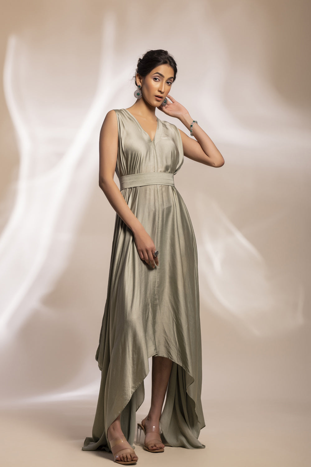 Sage Green Modal Satin Drape With Embroidered Tulle Cape. - Auraya Fashion -  - #tag1# - #tag2# - #tag3# - #tag3#