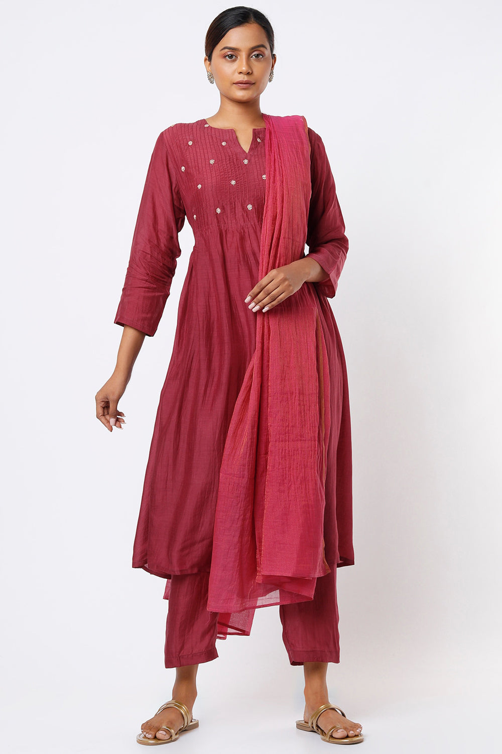 Pintucked Embroidered Wine Kurta Set - Auraya Fashion - Juanita - #tag1# - #tag2# - #tag3# - #tag3#