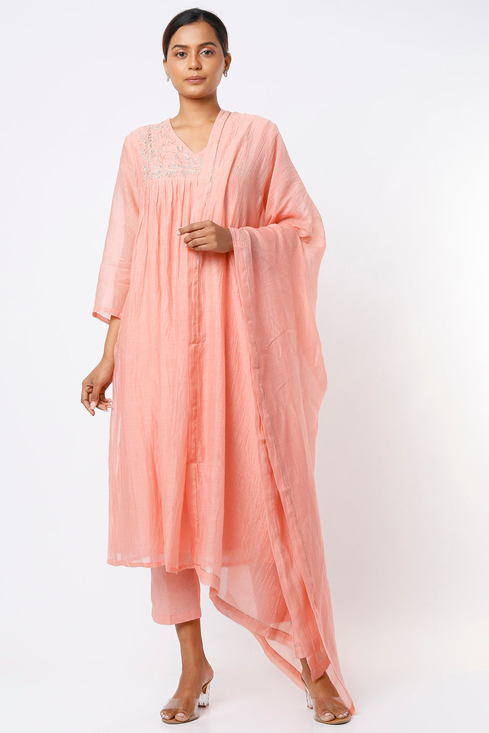 Resham Embroidered Peach Kurta Set - Auraya Fashion - Juanita - #tag1# - #tag2# - #tag3# - #tag3#