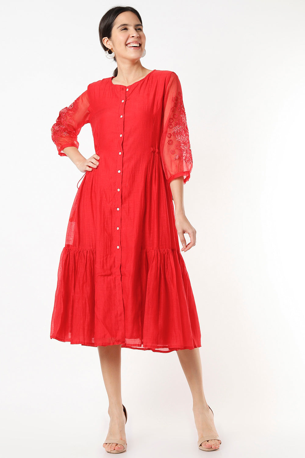 Embroidered Red Midi Dress - Auraya Fashion - Juanita - #tag1# - #tag2# - #tag3# - #tag3#