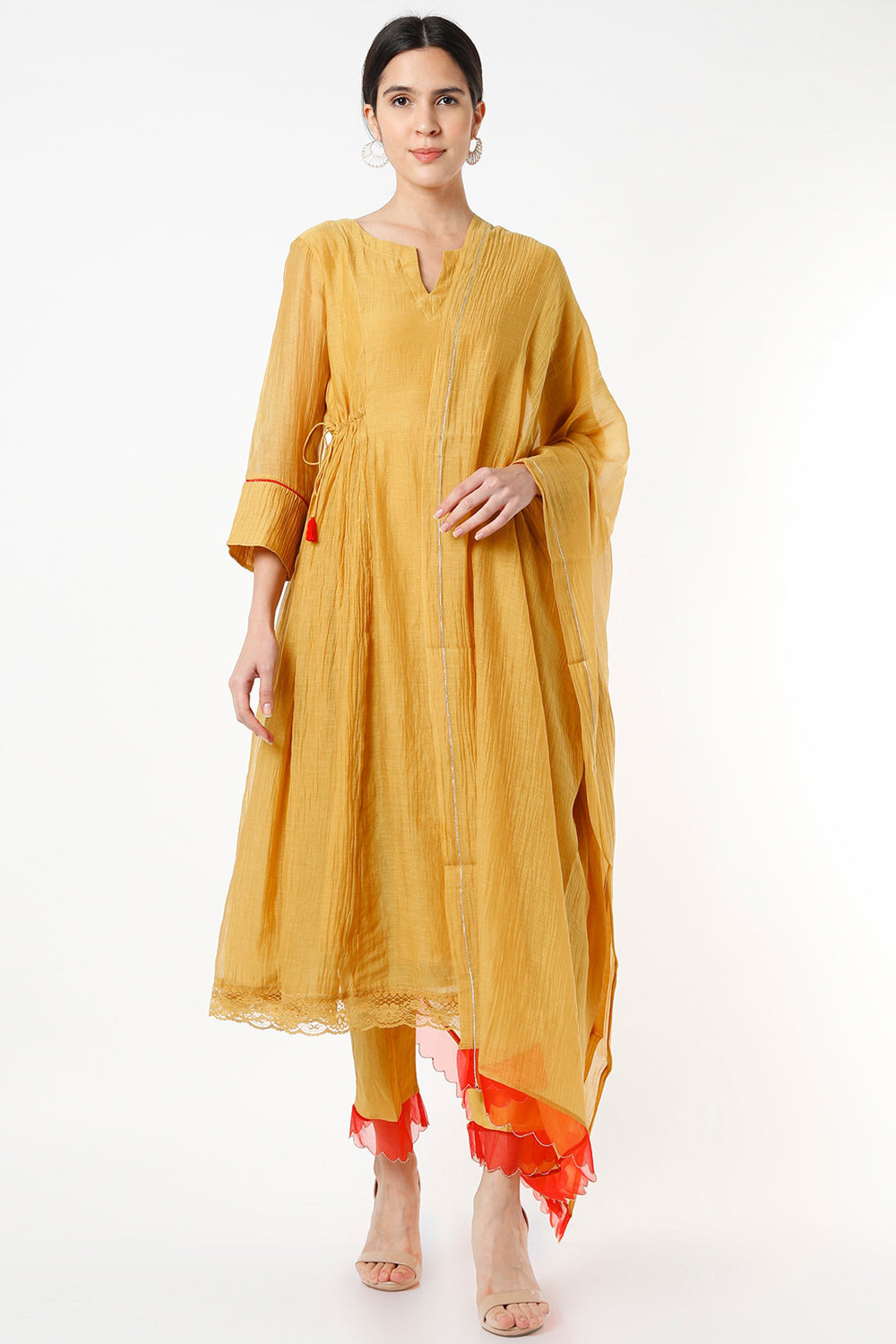 Handwoven Chanderi Kurta Set In Ochre - Auraya Fashion - Juanita - #tag1# - #tag2# - #tag3# - #tag3#