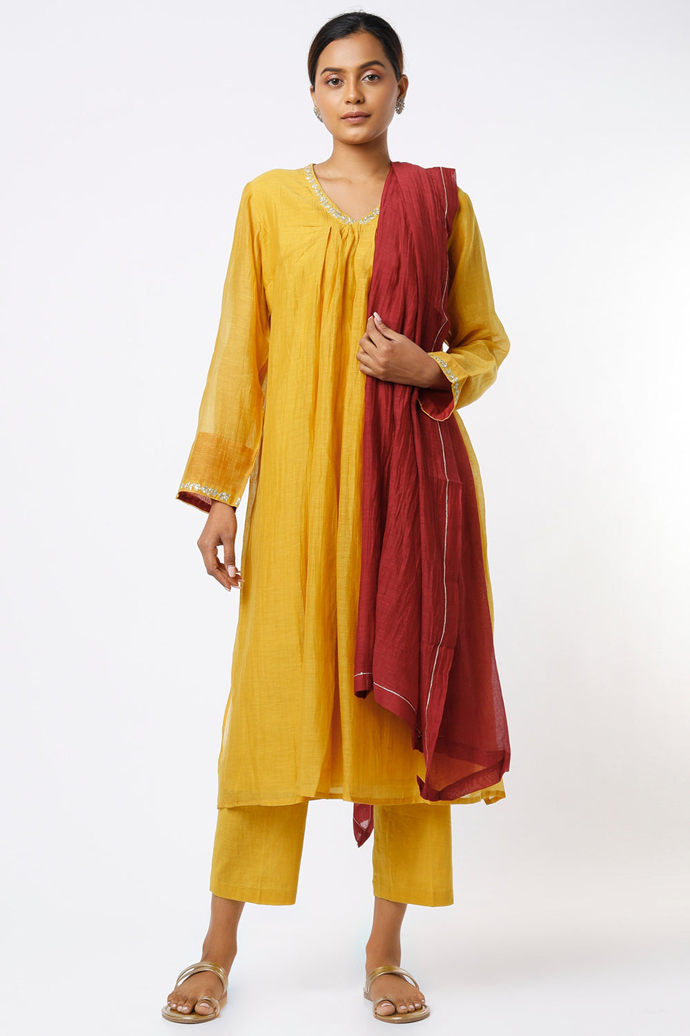 Handwoven Chanderi Kurta Set In Ochre - Auraya Fashion - Juanita - #tag1# - #tag2# - #tag3# - #tag3#