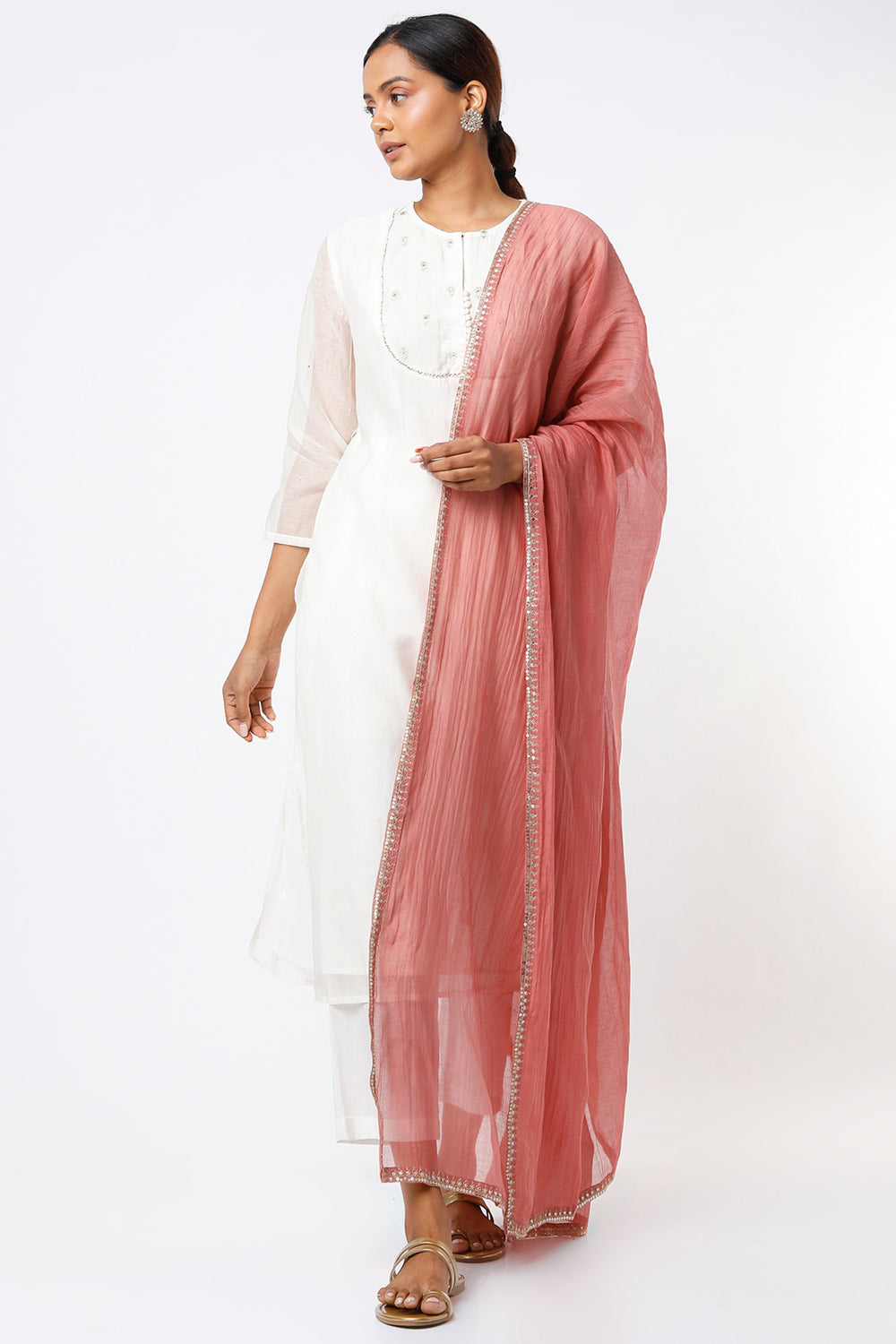 Handwoven Chanderi Kurta Set In Off-White - Auraya Fashion - Juanita - #tag1# - #tag2# - #tag3# - #tag3#