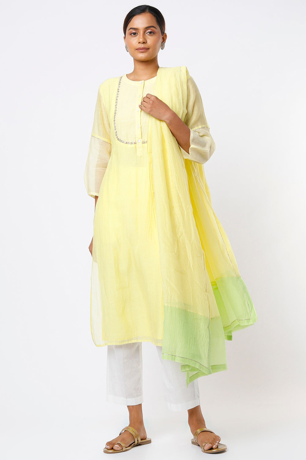 Handwoven Chanderi Kurta Set In Pale Yellow - Auraya Fashion - Juanita - #tag1# - #tag2# - #tag3# - #tag3#