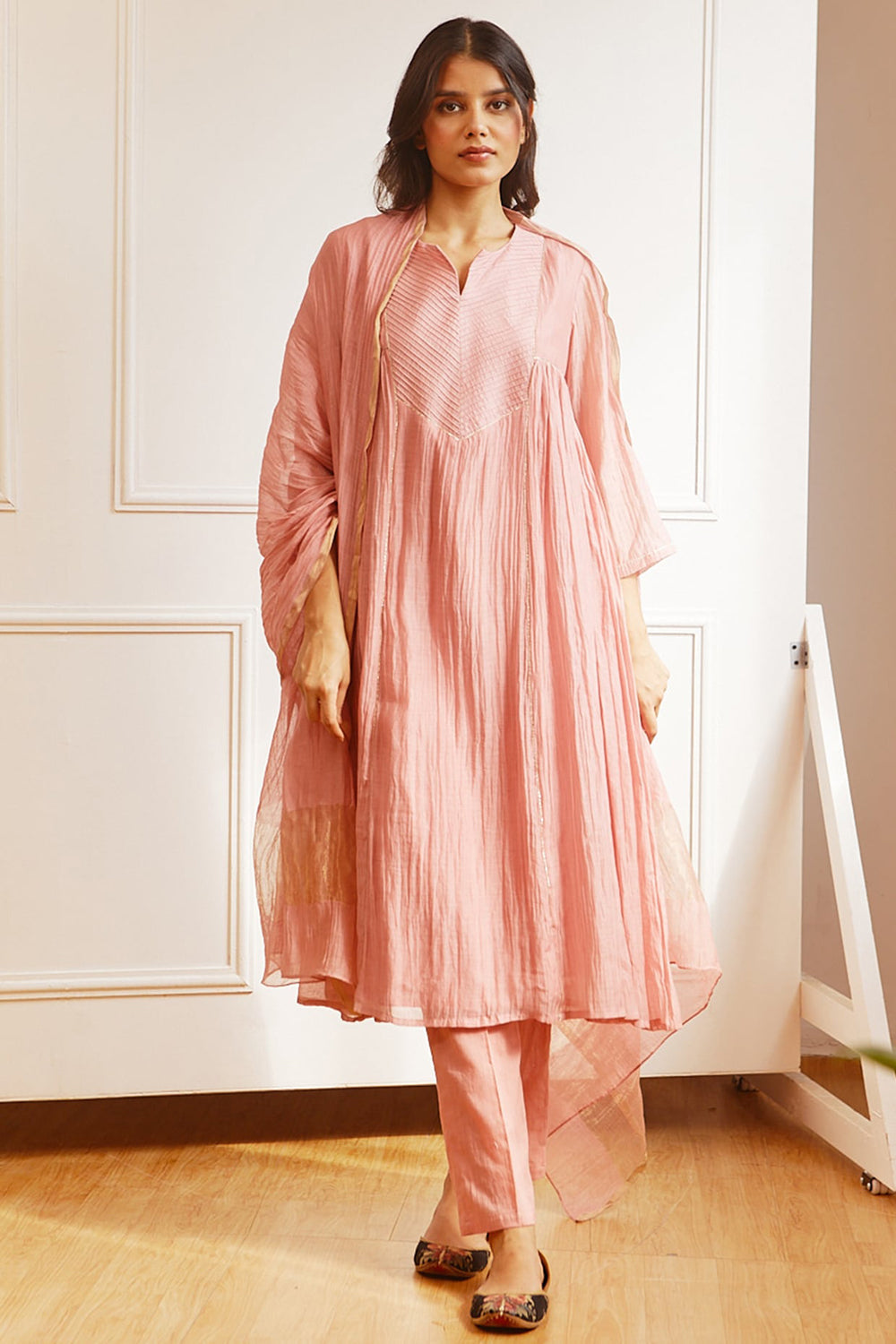 Gathered Kurta Set In Old Rose - Auraya Fashion - Juanita - #tag1# - #tag2# - #tag3# - #tag3#