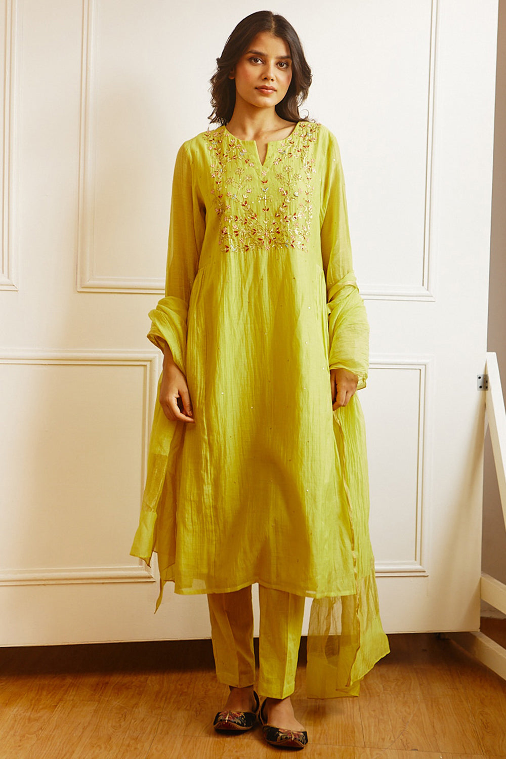 Embroidered Lime Yellow Kurta Set - Auraya Fashion - Juanita - #tag1# - #tag2# - #tag3# - #tag3#