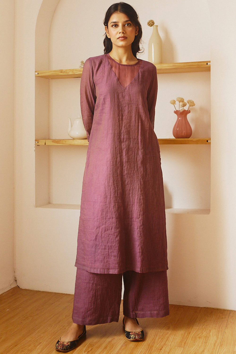 Handwoven Chanderi Tissue Kurta Set In Wine - Auraya Fashion - Juanita - #tag1# - #tag2# - #tag3# - #tag3#