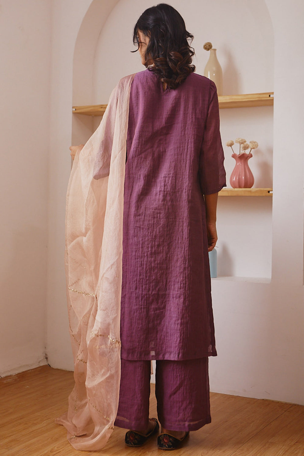 Handwoven Chanderi Tissue Kurta Set In Wine - Auraya Fashion -  - #tag1# - #tag2# - #tag3# - #tag3#