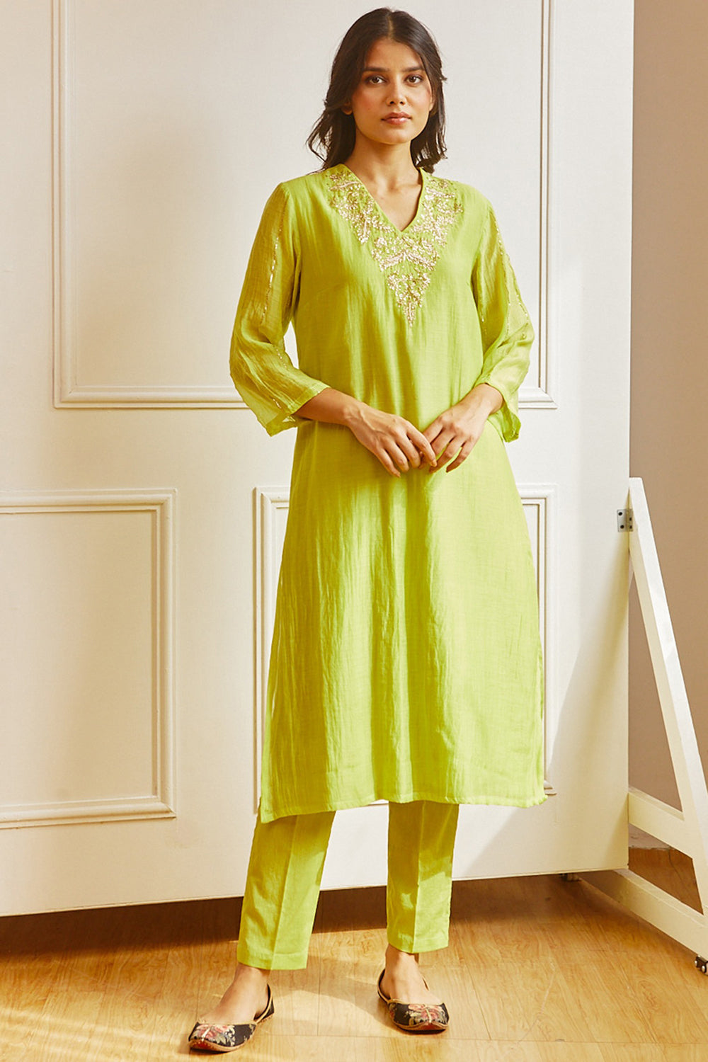 Embroidered Lime Green Kurta Set - Auraya Fashion - Juanita - #tag1# - #tag2# - #tag3# - #tag3#