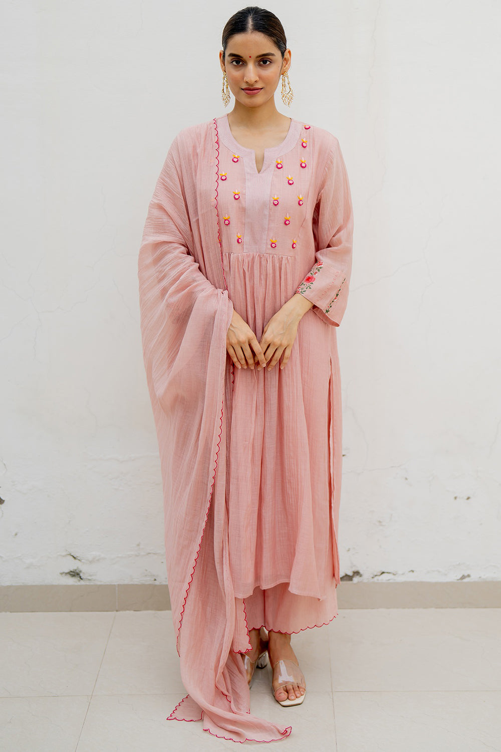 Resham Embroidered Blush Pink Kurta Set In Handwoven Chanderi - Auraya Fashion - Juanita - #tag1# - #tag2# - #tag3# - #tag3#