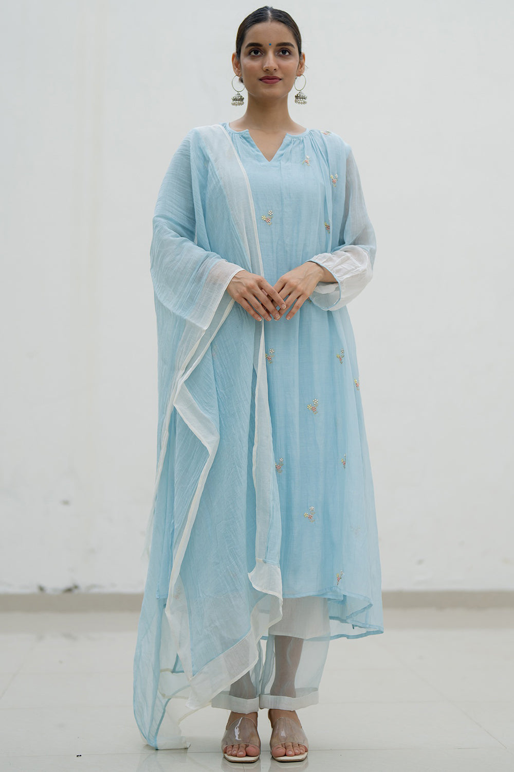 Resham Embroidered Blue & Ivory Kurta Set In Handwoven Chanderi - Auraya Fashion - Juanita - #tag1# - #tag2# - #tag3# - #tag3#