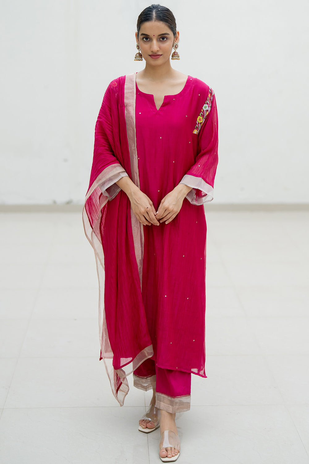 Resham Embroidered Hot Pink Kurta Set In Handwoven Chanderi - Auraya Fashion - Juanita - #tag1# - #tag2# - #tag3# - #tag3#