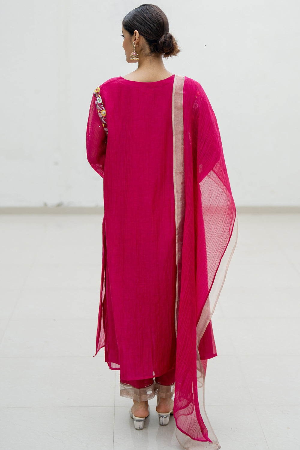 Resham Embroidered Hot Pink Kurta Set In Handwoven Chanderi - Auraya Fashion -  - #tag1# - #tag2# - #tag3# - #tag3#