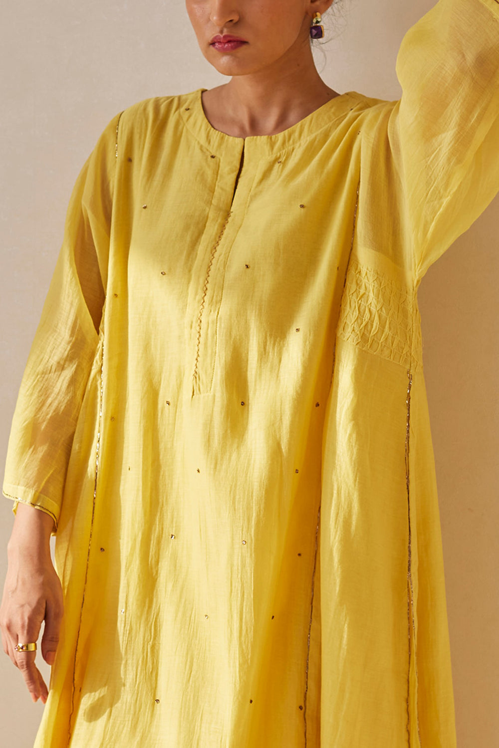 Dabka Embroidered Sunshine Yellow Kurta Set In Handwoven Chanderi - Auraya Fashion -  - #tag1# - #tag2# - #tag3# - #tag3#