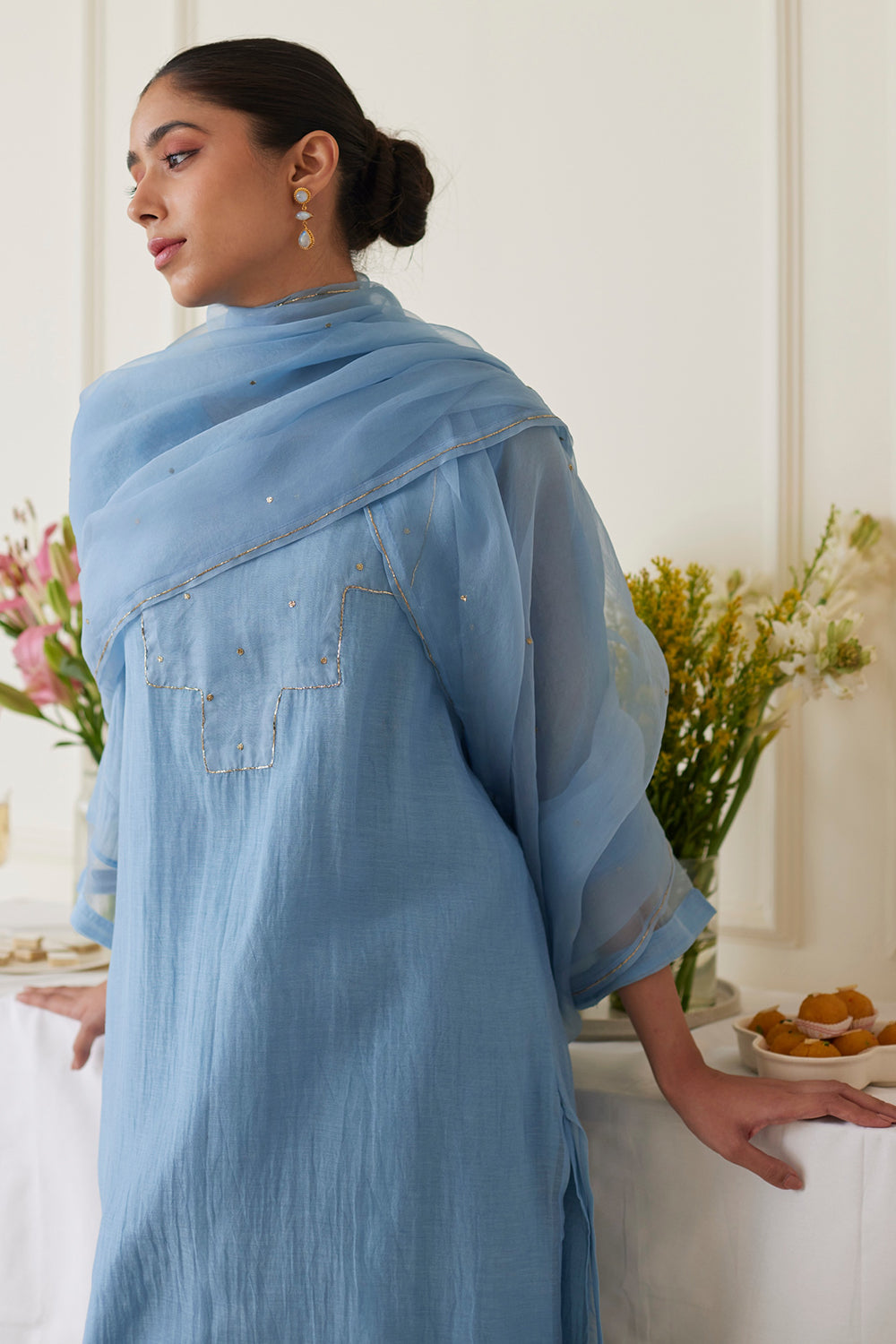 Dabka Embellished Powder Blue Kurta Set In Handwoven Chanderi - Auraya Fashion -  - #tag1# - #tag2# - #tag3# - #tag3#