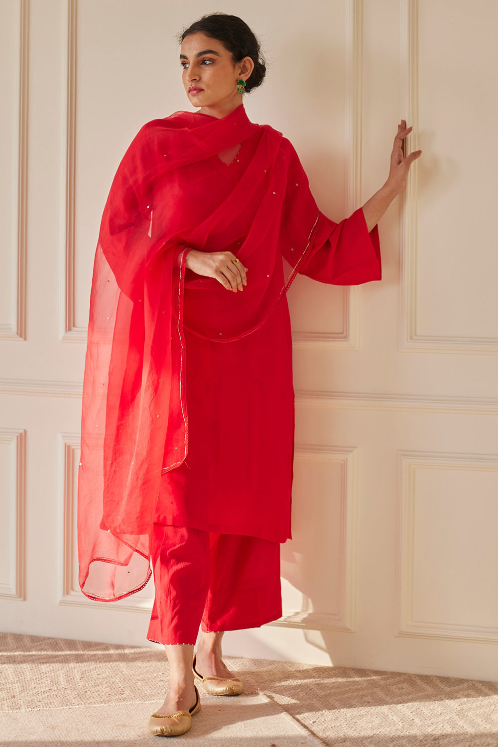 Pearl Embellished Scarlet Red Habutai Silk Kurta Set - Auraya Fashion - Juanita - #tag1# - #tag2# - #tag3# - #tag3#