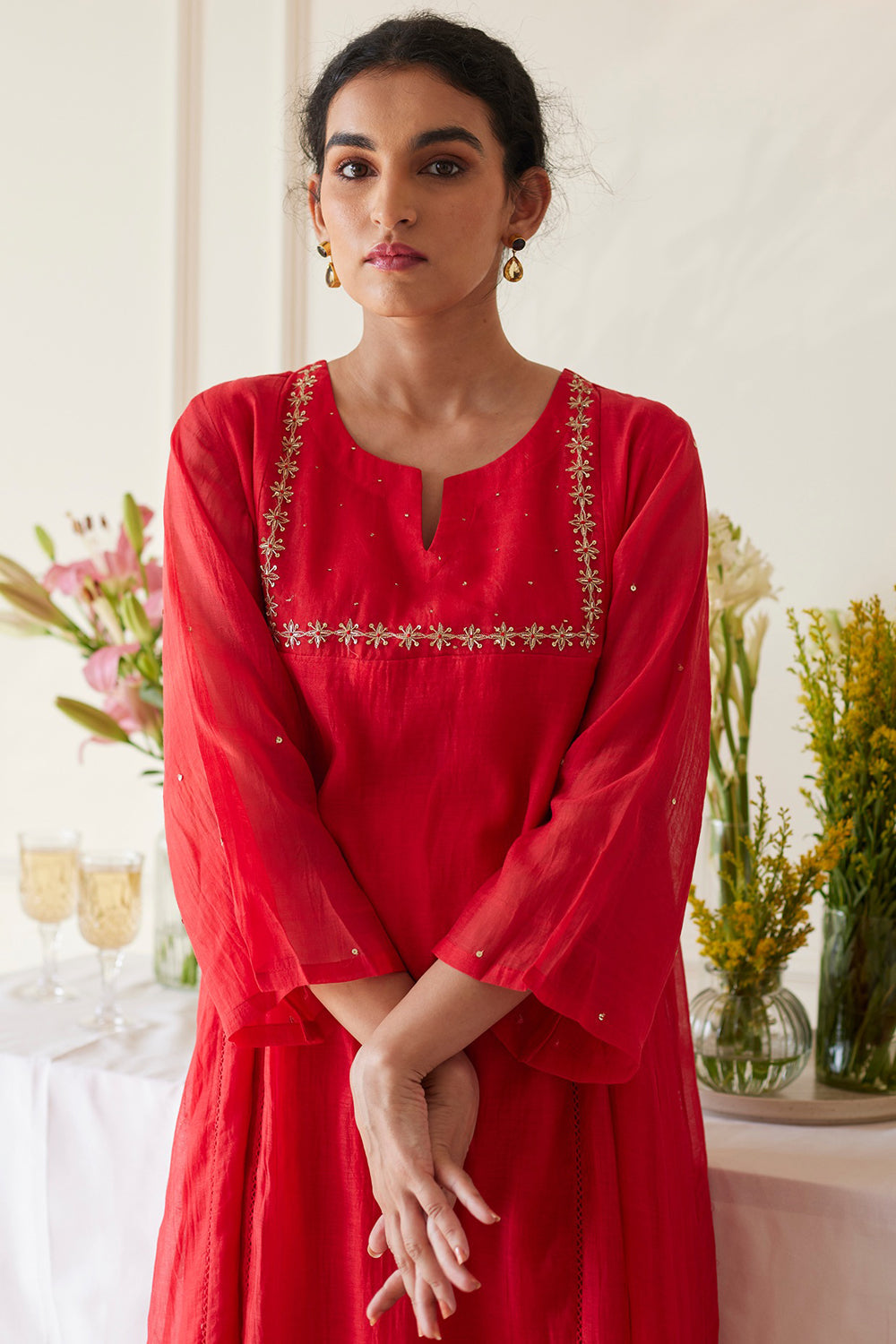 Sequins Embellished Scarlet Red Handwoven Chanderi Kurta Set - Auraya Fashion -  - #tag1# - #tag2# - #tag3# - #tag3#