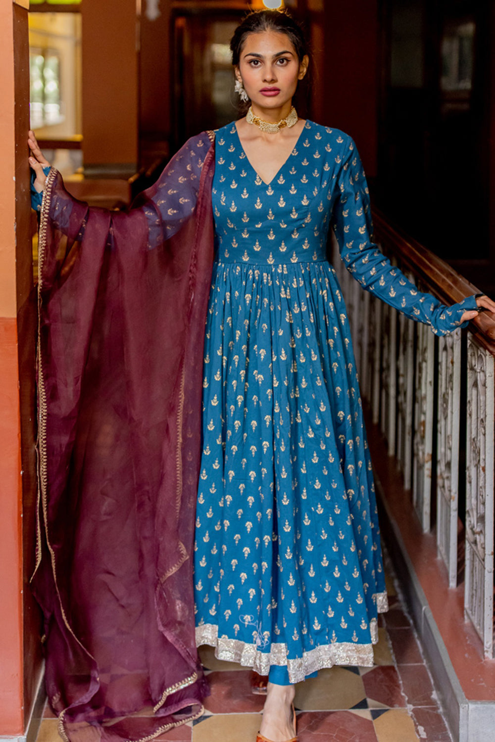 Hand Embroidered Anarkali Set In Cobalt Blue - Auraya Fashion - Juanita - #tag1# - #tag2# - #tag3# - #tag3#