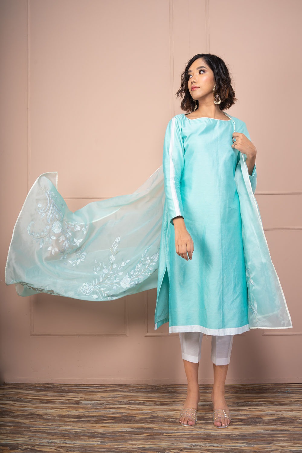 Sky Blue Chanderi Kurta Paired Up With Chanderi Pants And Organza Dupatta - Auraya Fashion - Kaashvi by Pooja Kalra - #tag1# - #tag2# - #tag3# - #tag3#