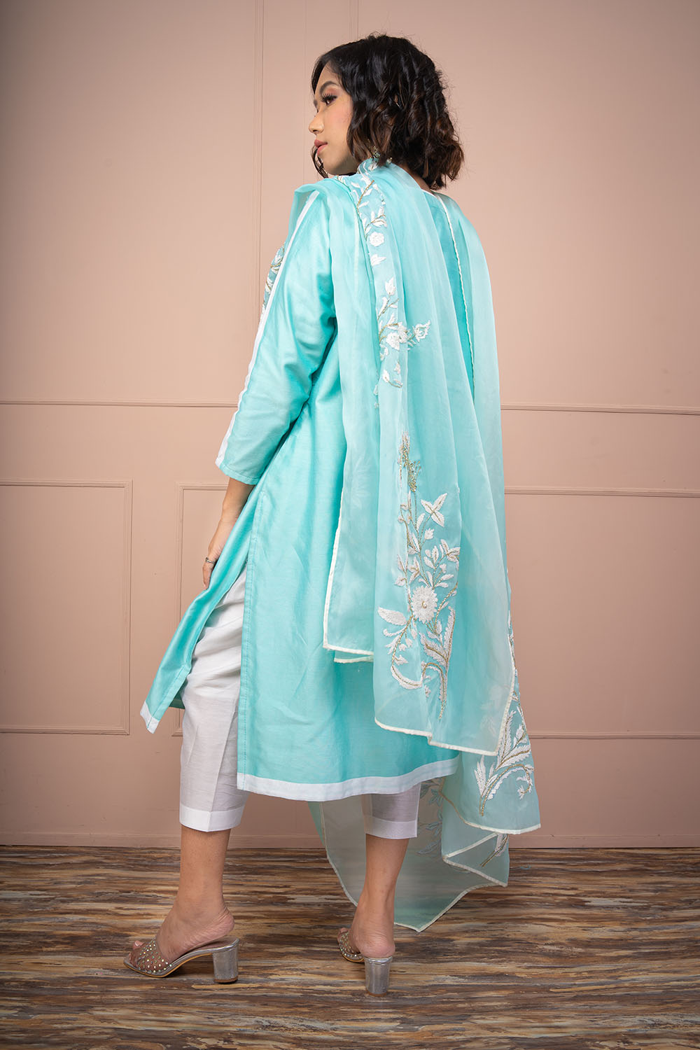 Sky Blue Chanderi Kurta Paired Up With Chanderi Pants And Organza Dupatta - Auraya Fashion -  - #tag1# - #tag2# - #tag3# - #tag3#