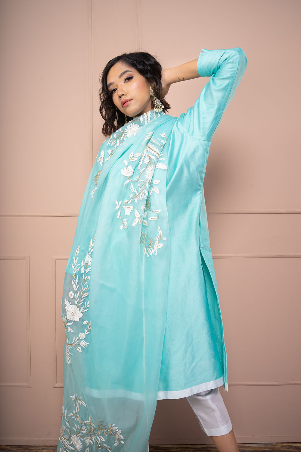 Sky Blue Chanderi Kurta Paired Up With Chanderi Pants And Organza Dupatta - Auraya Fashion -  - #tag1# - #tag2# - #tag3# - #tag3#