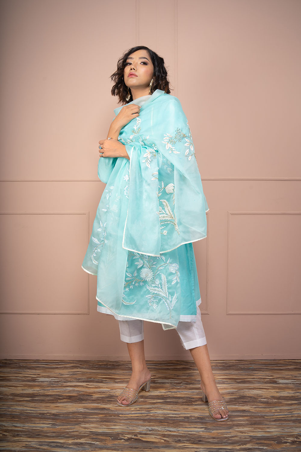 Sky Blue Chanderi Kurta Paired Up With Chanderi Pants And Organza Dupatta - Auraya Fashion -  - #tag1# - #tag2# - #tag3# - #tag3#