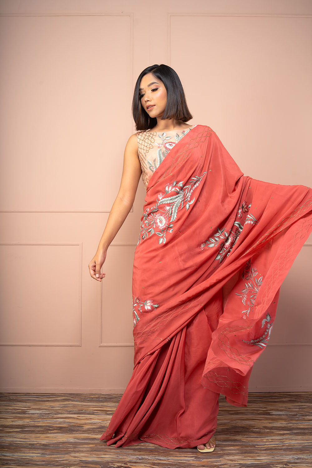 Rose Pink Organza Blouse With Coral Crepe Saree - Auraya Fashion - Kaashvi by Pooja Kalra - #tag1# - #tag2# - #tag3# - #tag3#