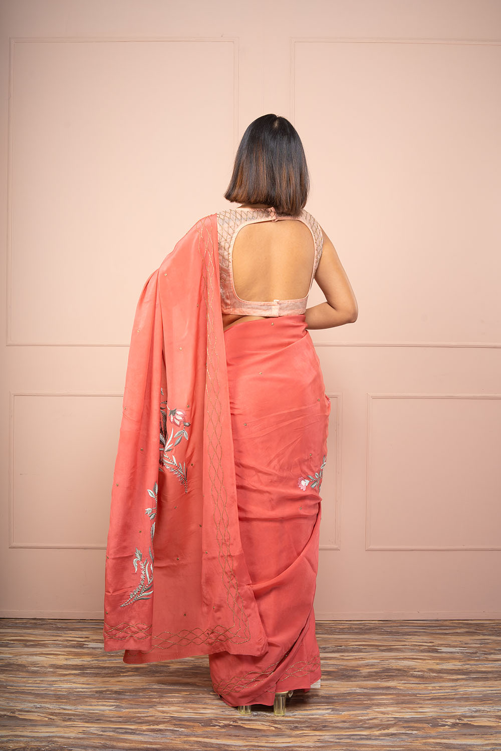 Rose Pink Organza Blouse With Coral Crepe Saree - Auraya Fashion -  - #tag1# - #tag2# - #tag3# - #tag3#