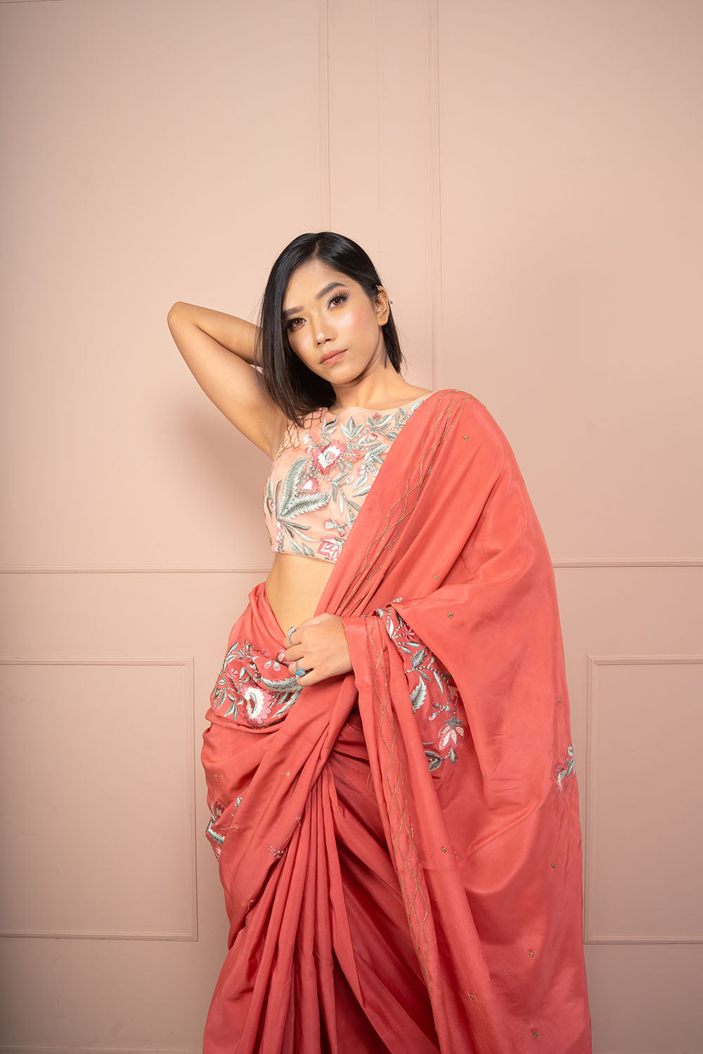 Rose Pink Organza Blouse With Coral Crepe Saree - Auraya Fashion -  - #tag1# - #tag2# - #tag3# - #tag3#