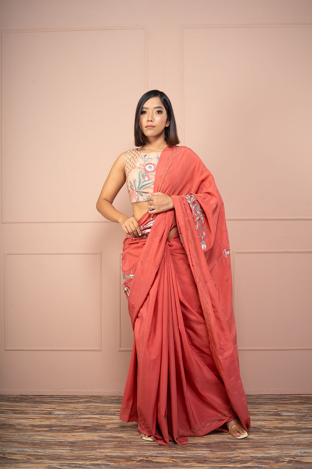 Rose Pink Organza Blouse With Coral Crepe Saree - Auraya Fashion -  - #tag1# - #tag2# - #tag3# - #tag3#