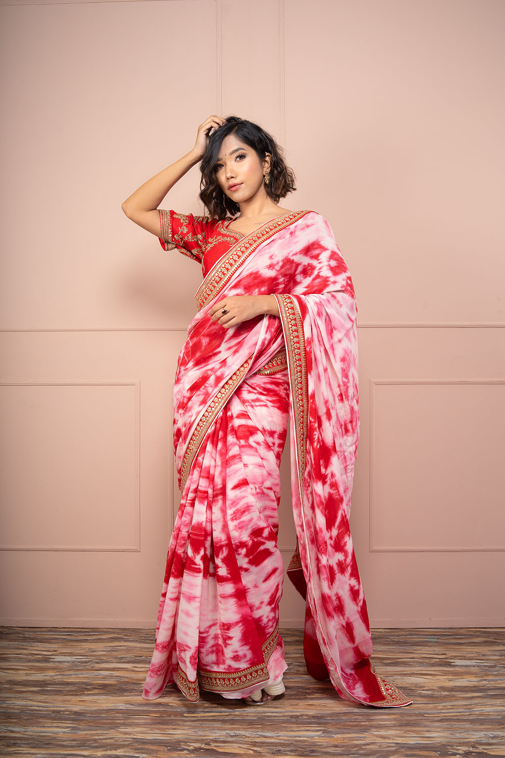 Red Sequence Embroided Blouse With Tie And Dye Saree - Auraya Fashion - Kaashvi by Pooja Kalra - #tag1# - #tag2# - #tag3# - #tag3#