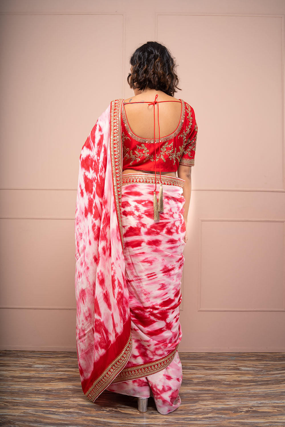 Red Sequence Embroided Blouse With Tie And Dye Saree - Auraya Fashion -  - #tag1# - #tag2# - #tag3# - #tag3#