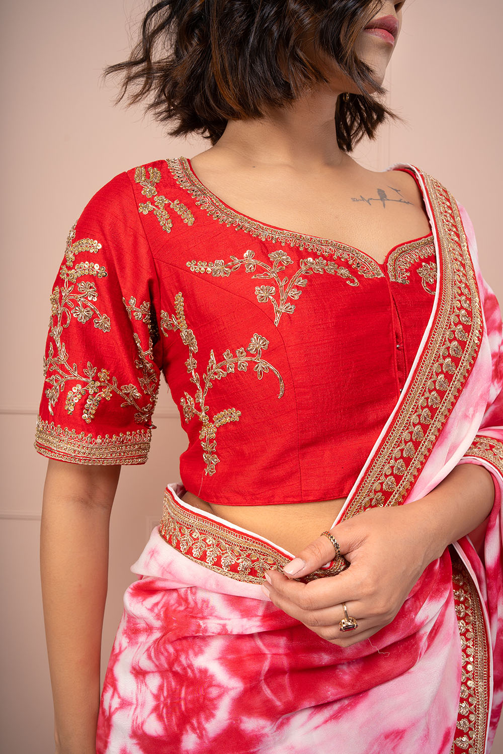 Red Sequence Embroided Blouse With Tie And Dye Saree - Auraya Fashion -  - #tag1# - #tag2# - #tag3# - #tag3#