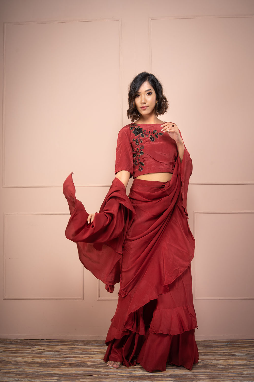 Wine Crepe Ruffle Embroided Saree