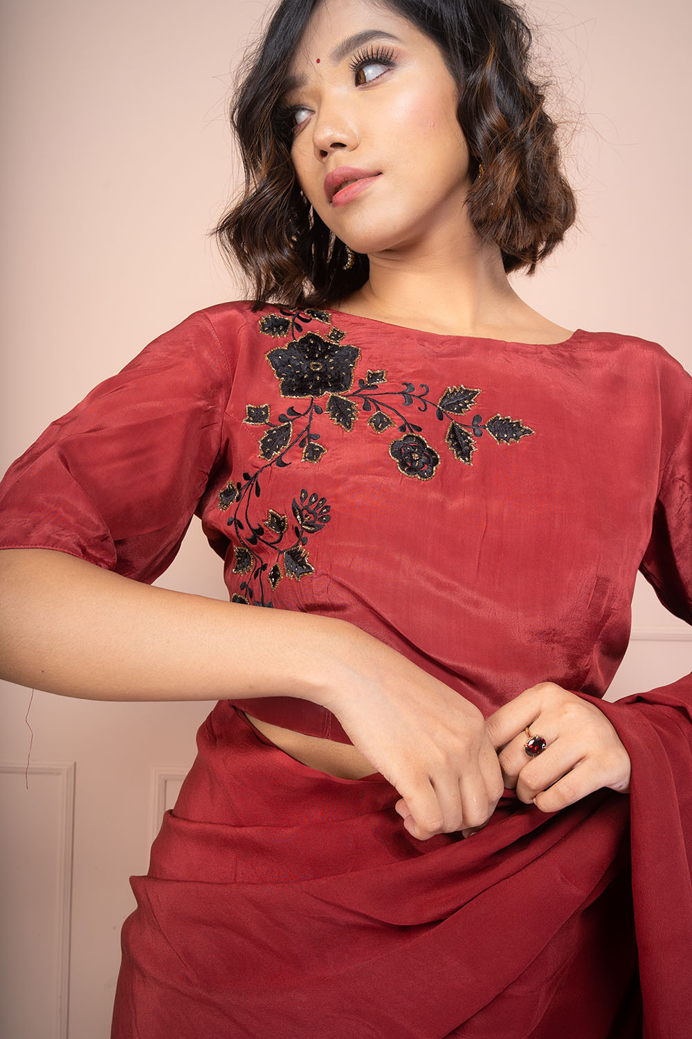 Wine Crepe Ruffle Embroided Saree