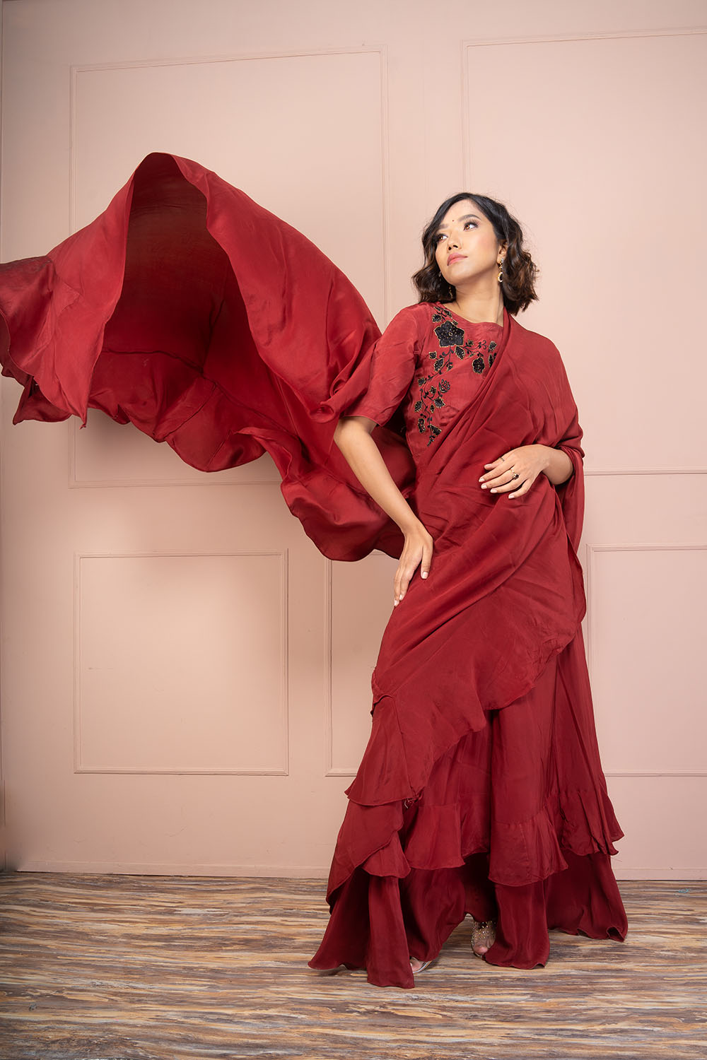 Wine Crepe Ruffle Embroided Saree