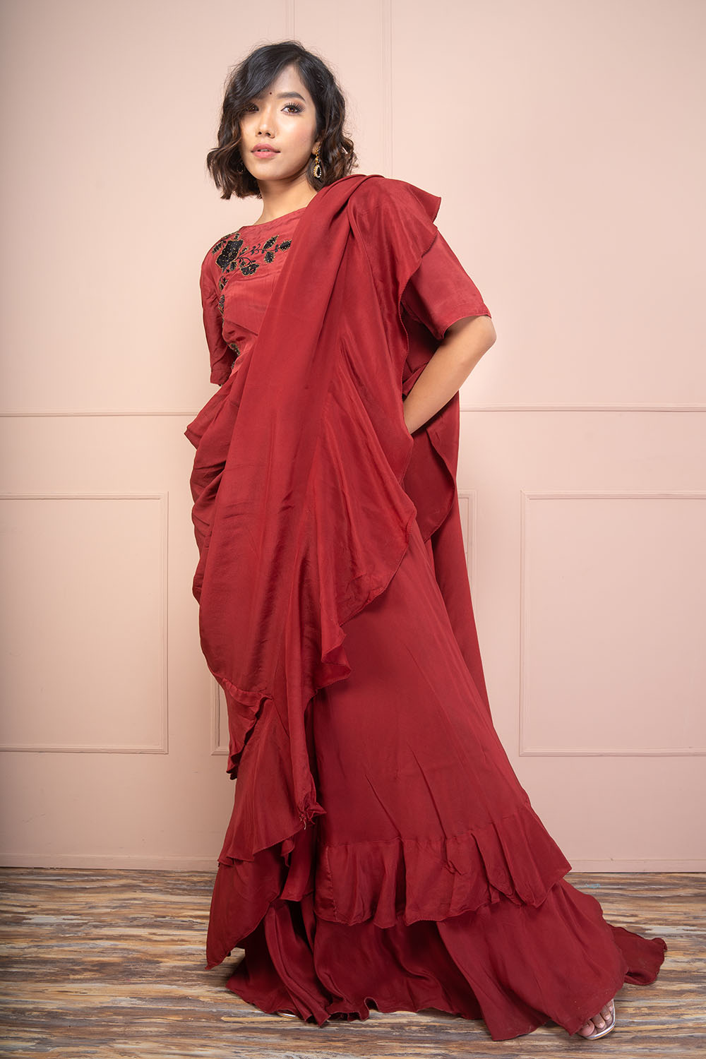 Wine Crepe Ruffle Embroided Saree