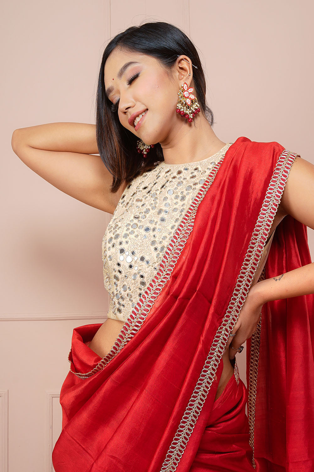 Mirror Work Blouse With Raw Silk Saree - Auraya Fashion -  - #tag1# - #tag2# - #tag3# - #tag3#