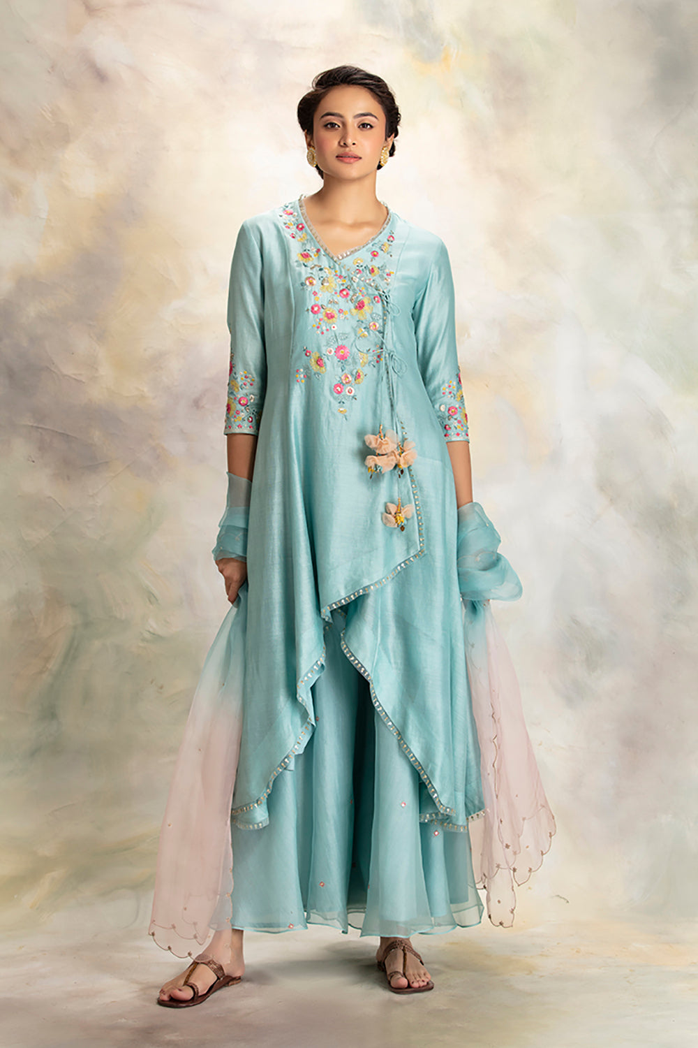 Multicolour Floral Motifs Embroidered Aqua Kurta Set - Auraya Fashion - Anju Modi - #tag1# - #tag2# - #tag3# - #tag3#