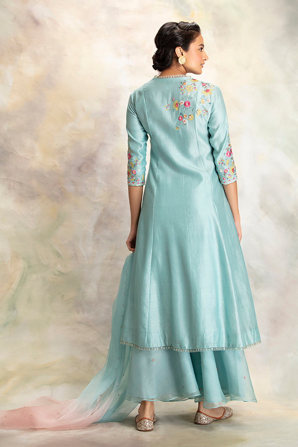 Multicolour Floral Motifs Embroidered Aqua Kurta Set - Auraya Fashion -  - #tag1# - #tag2# - #tag3# - #tag3#