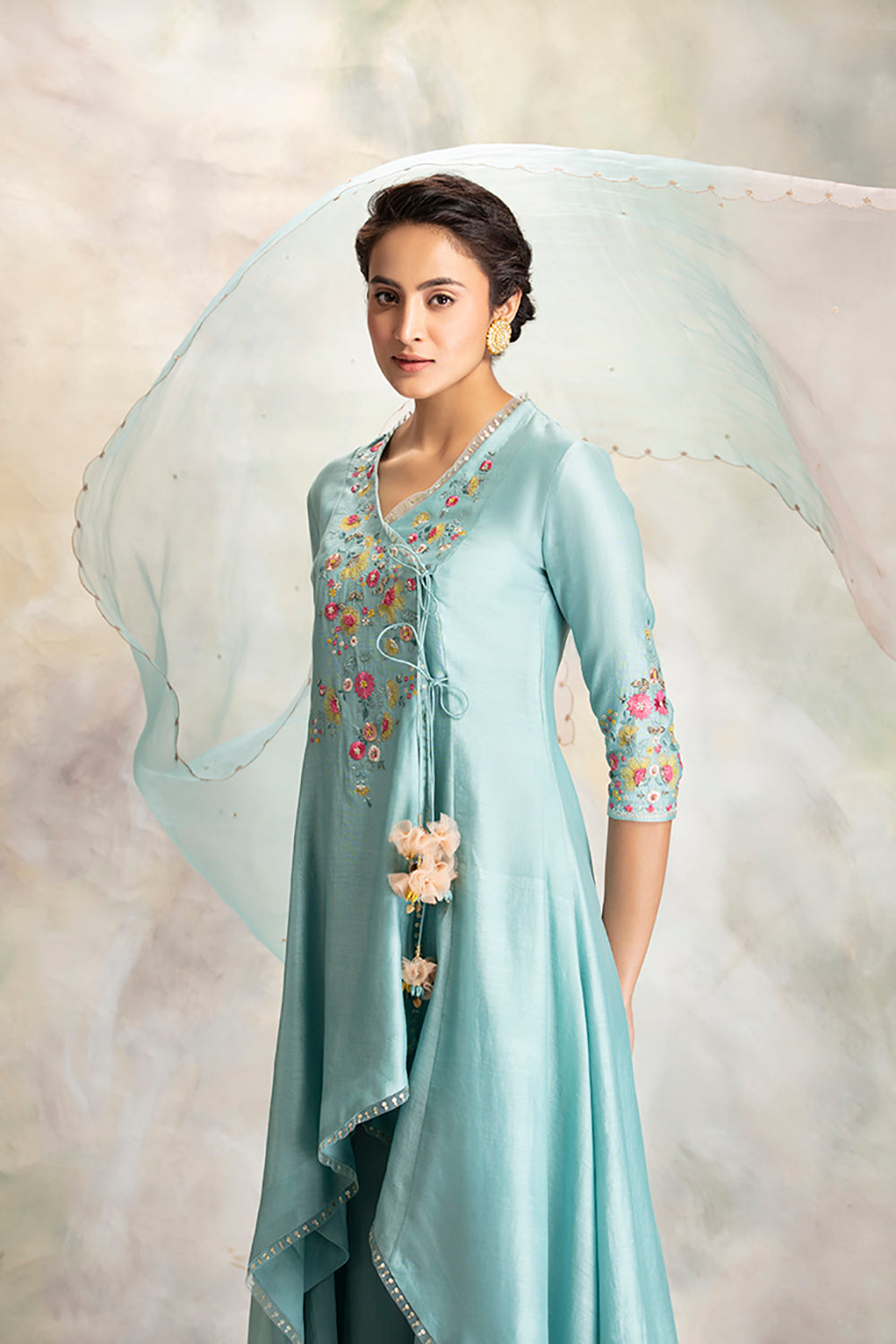 Multicolour Floral Motifs Embroidered Aqua Kurta Set - Auraya Fashion -  - #tag1# - #tag2# - #tag3# - #tag3#