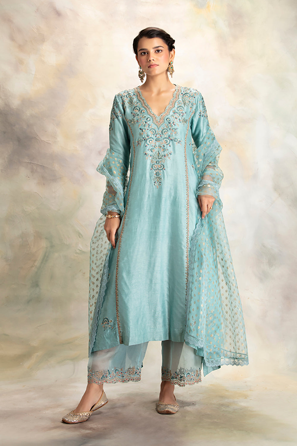 Enticing Aqua Multicolour Floral Embroidered Kurta Set - Auraya Fashion - Anju Modi - #tag1# - #tag2# - #tag3# - #tag3#