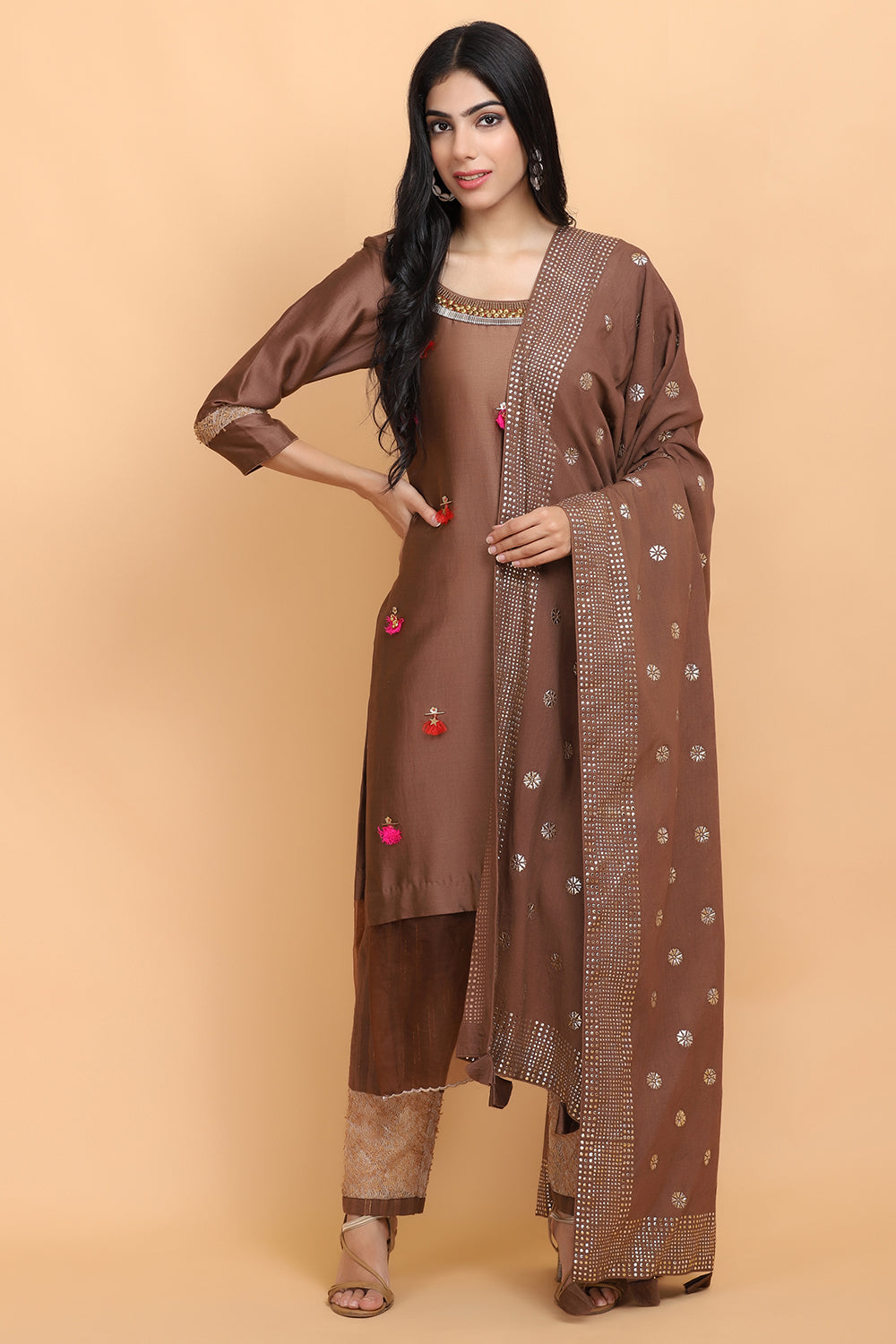 Brown Chanderi Silk Kurta Set - Auraya Fashion - Arpita Sulakshana - #tag1# - #tag2# - #tag3# - #tag3#