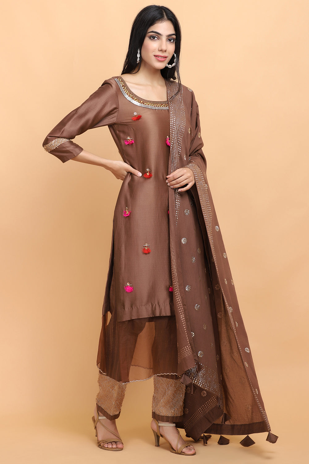 Brown Chanderi Silk Kurta Set - Auraya Fashion -  - #tag1# - #tag2# - #tag3# - #tag3#